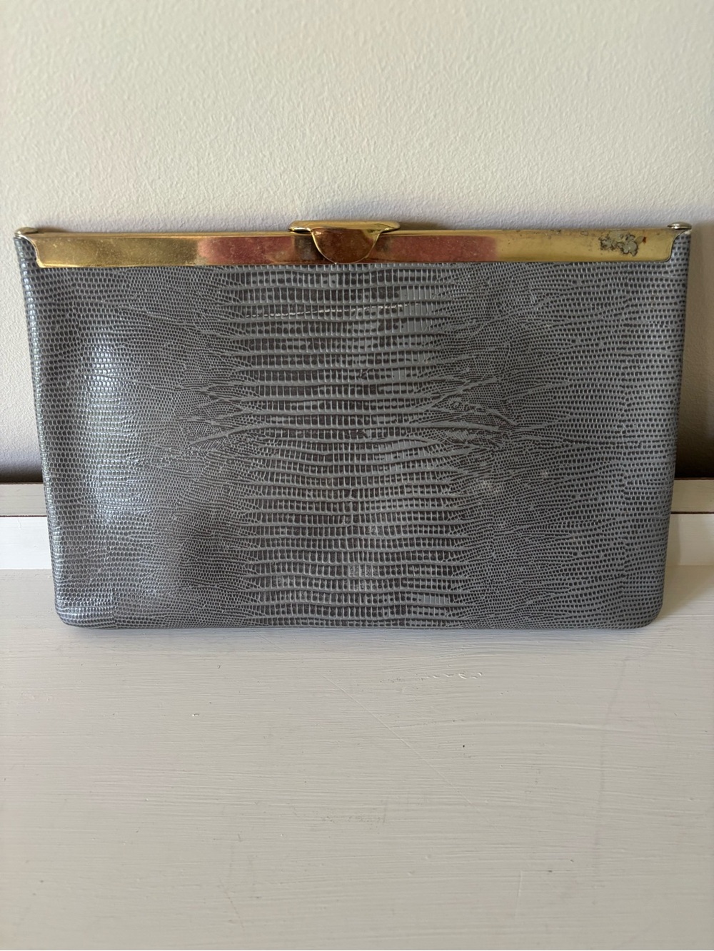 Etro Gray Animal Print Clutch w/ Kiss Lock, Gold Frame & Chain Strap, Lined